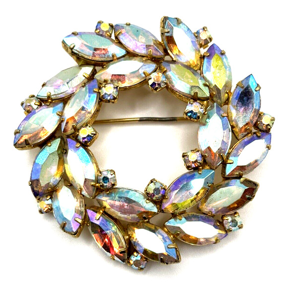 VTG Rhinestone Brooch AB Wreath Marquise Round Gold Tone J1-3020 - Picture 1 of 10